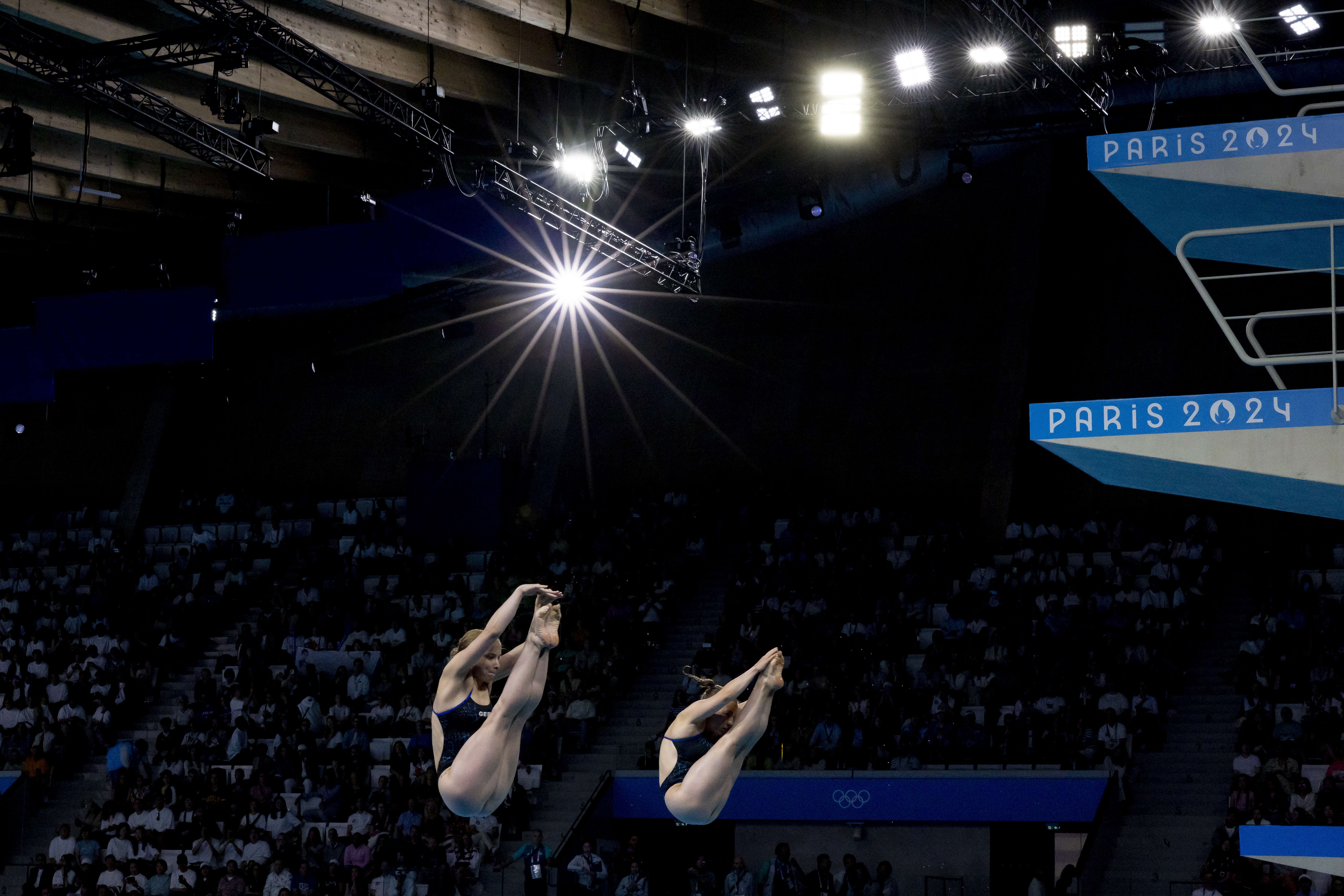 Lena Hentschel and Jette Mueller during the Olympic diving competition at Paris 2024