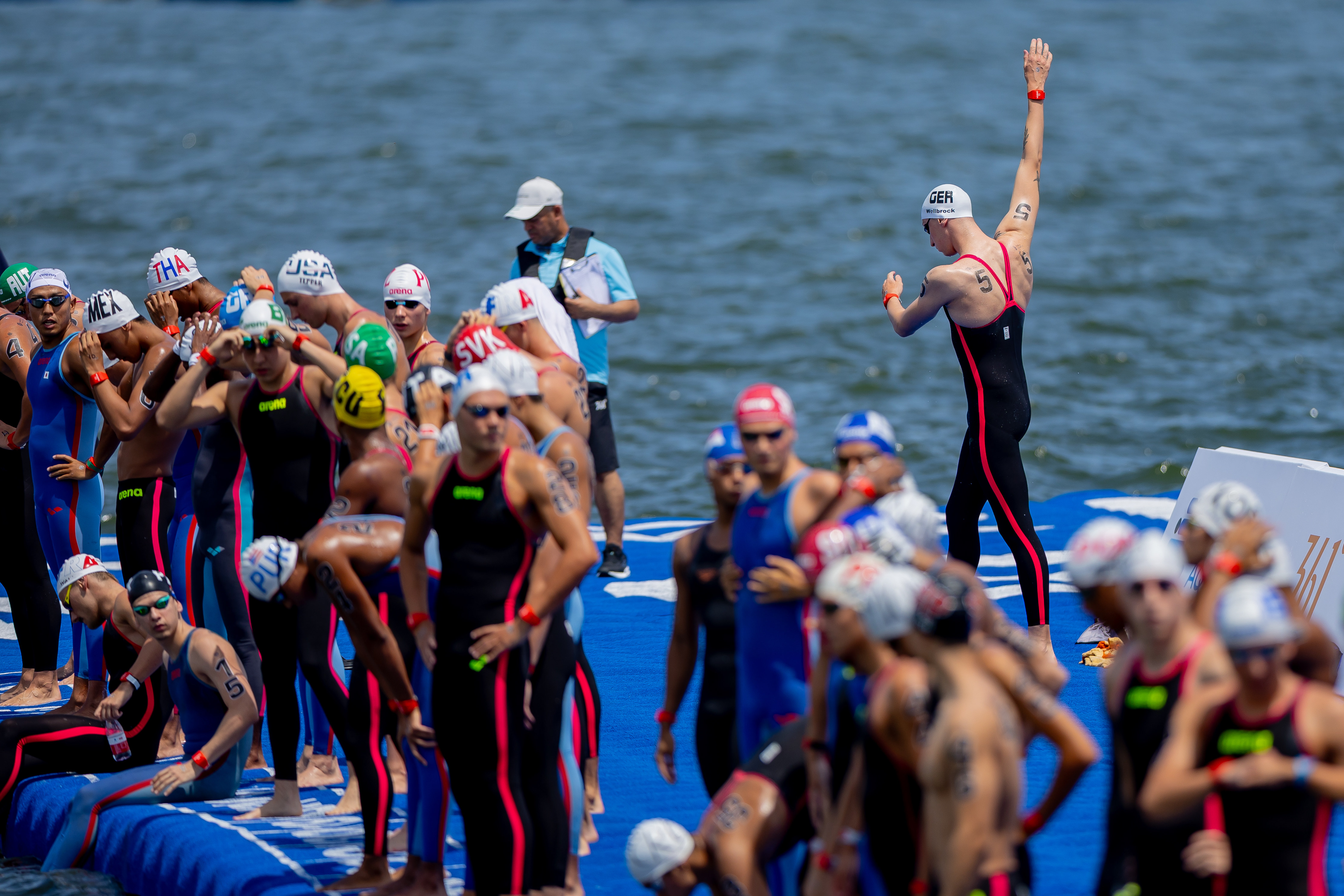 Florian Wellbrock preparing before an open water start in Singapore